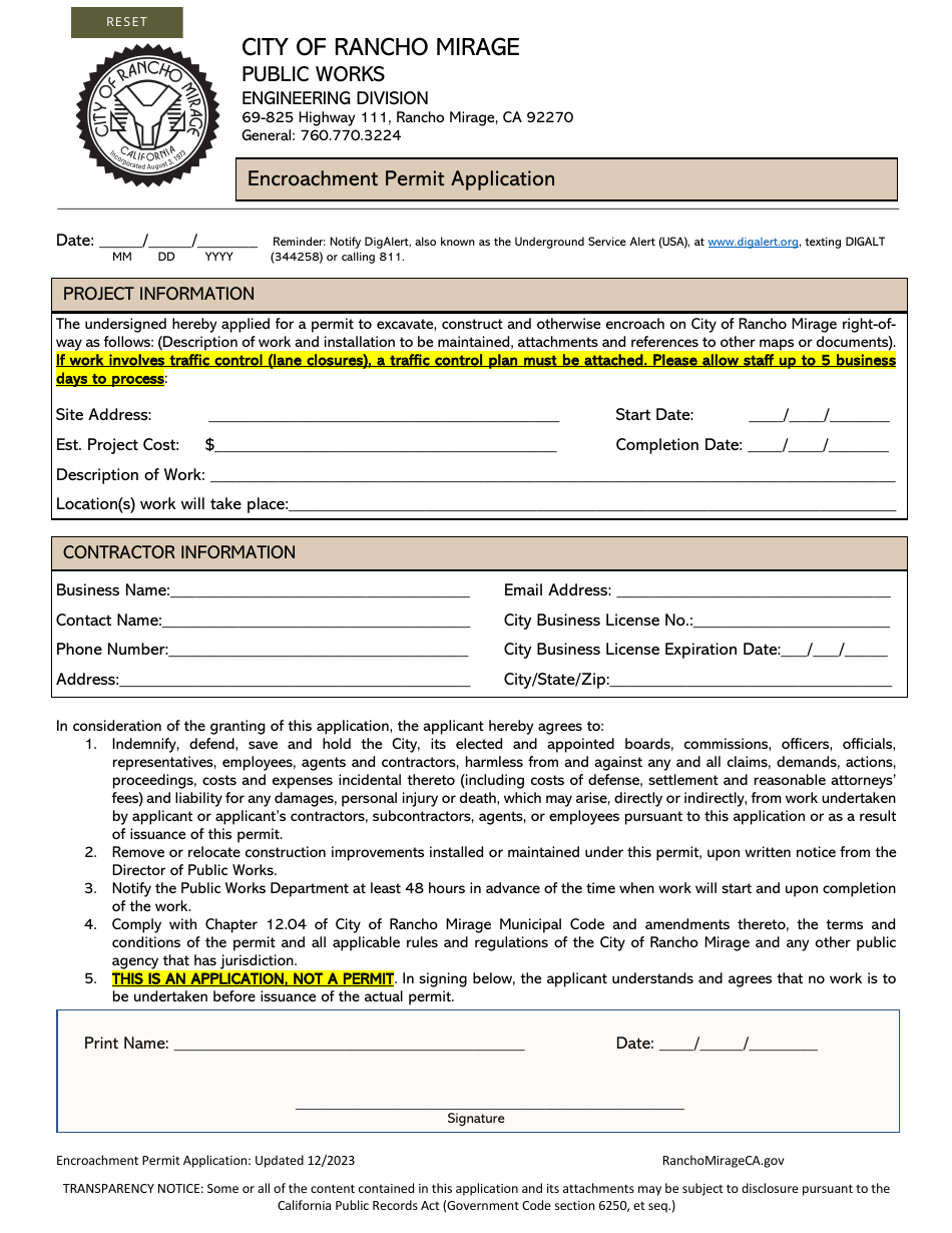 Encroachment Permit Application - City of Rancho Mirage, California, Page 1