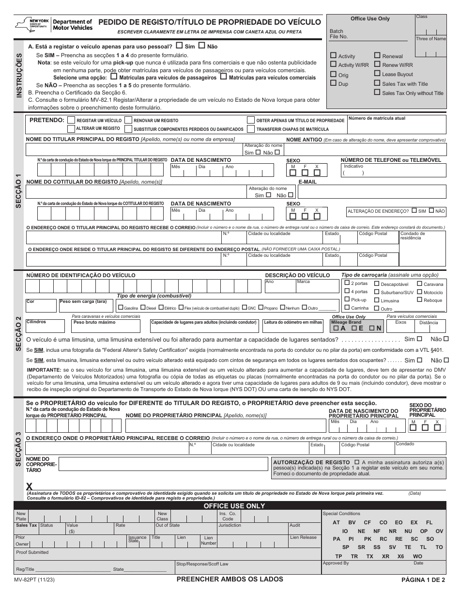 Form MV-82PT Vehicle Registration / Title Application - New York (Portuguese), Page 1