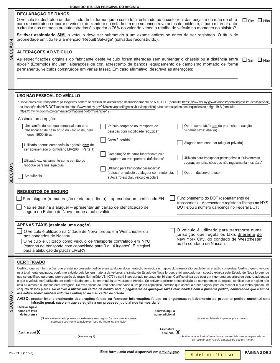 Form MV-82PT Vehicle Registration / Title Application - New York (Portuguese), Page 2