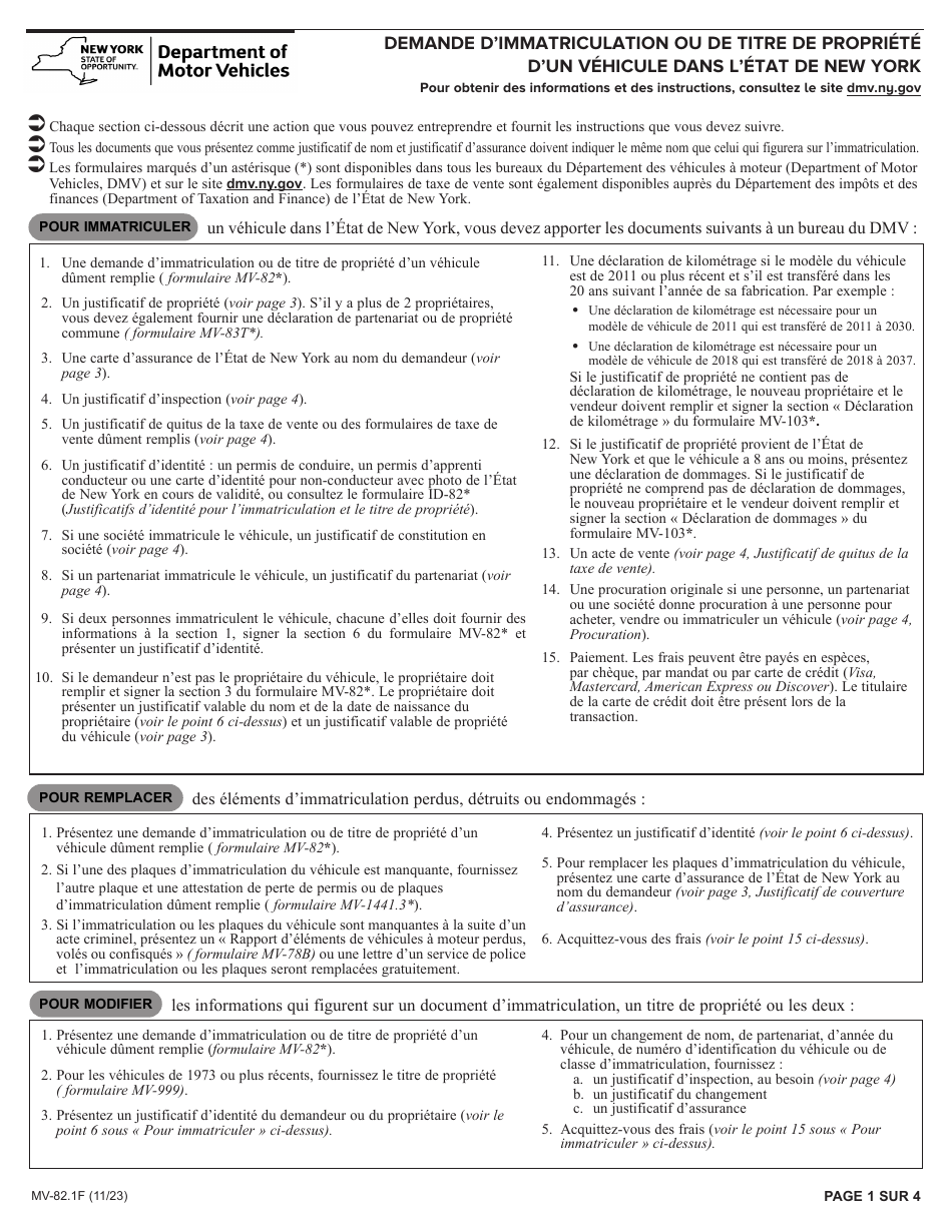 Instructions for Form MV-82F Vehicle Registration / Title Application - New York (French), Page 1