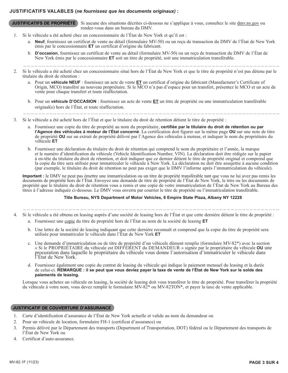 Instructions for Form MV-82F Vehicle Registration / Title Application - New York (French), Page 3