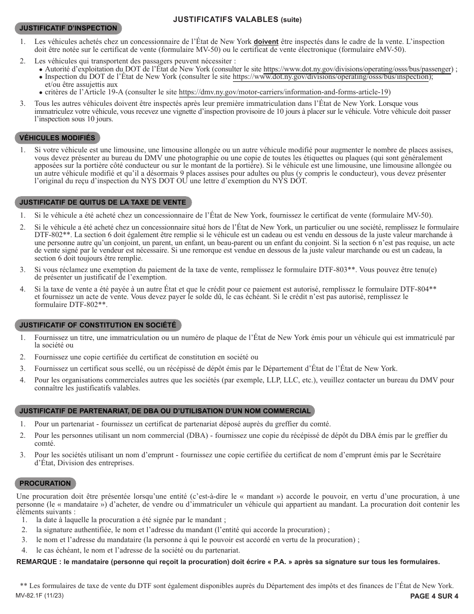 Instructions for Form MV-82F Vehicle Registration / Title Application - New York (French), Page 4