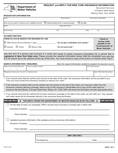 Form FS-25 Request and Reply for New York Insurance Information - New York