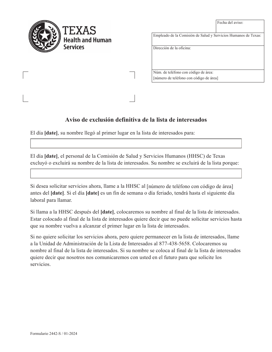Formulario 2442-S Aviso De Exclusion Definitiva De La Lista De Interesados - Texas (Spanish), Page 1