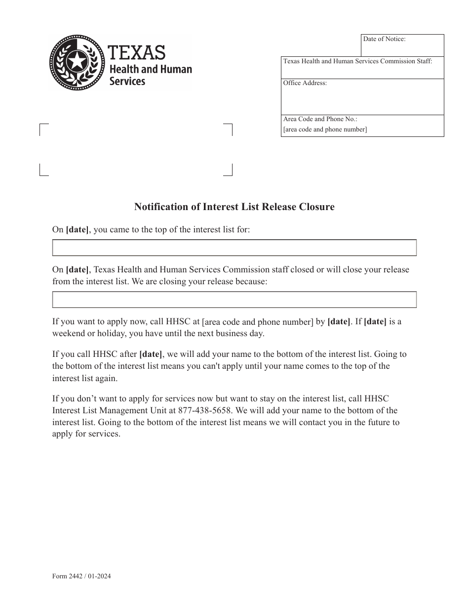 Form 2442 Notification of Interest List Release Closure - Texas, Page 1