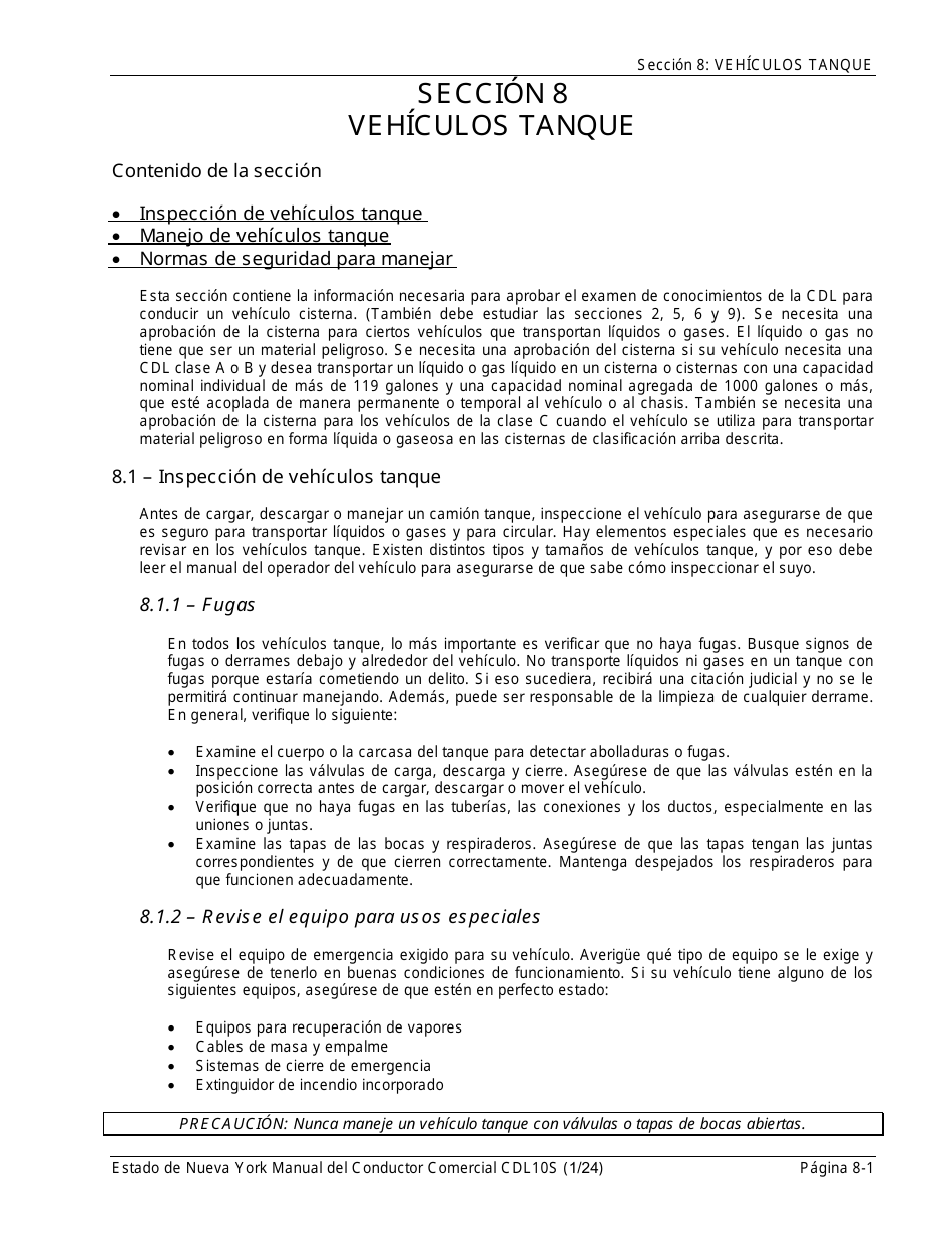 Formulario CDL10S Seccion 8 Vehiculos Tanque - New York (Spanish), Page 1