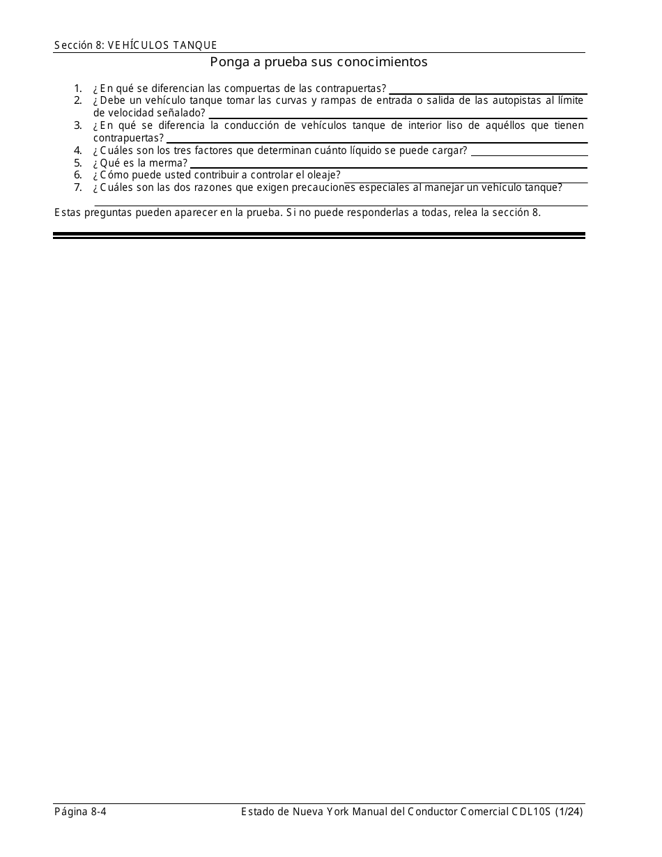 Formulario CDL10S Seccion 8 Vehiculos Tanque - New York (Spanish), Page 4