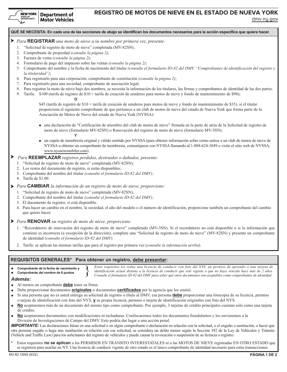 Instrucciones para Formulario MV-82SN Snowmobile Registration Application - New York (Spanish), Page 1