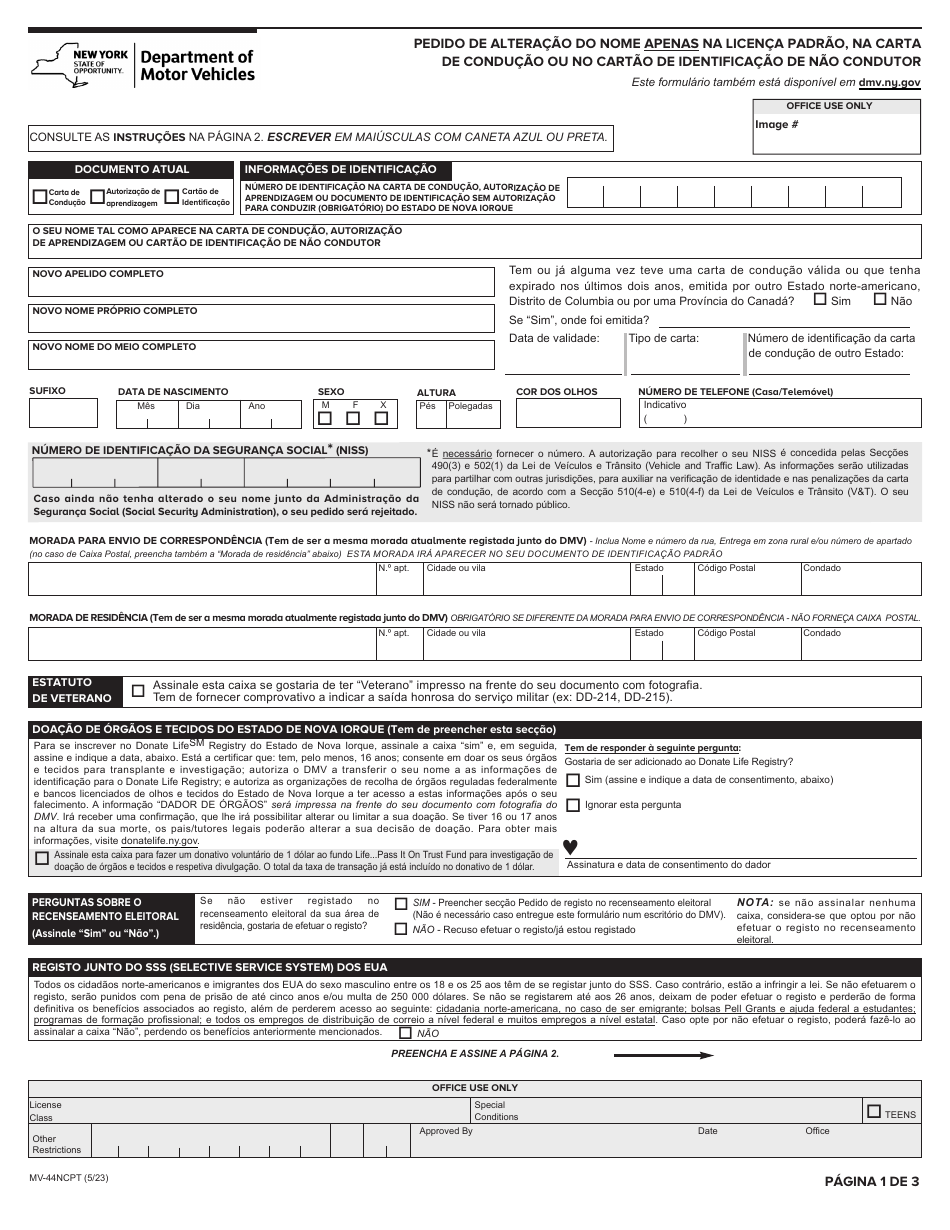 Form MV-44NCPT Application for Name Change Only on Standard Permit, Driver License or Non-driver Id Card - New York (Portuguese), Page 1