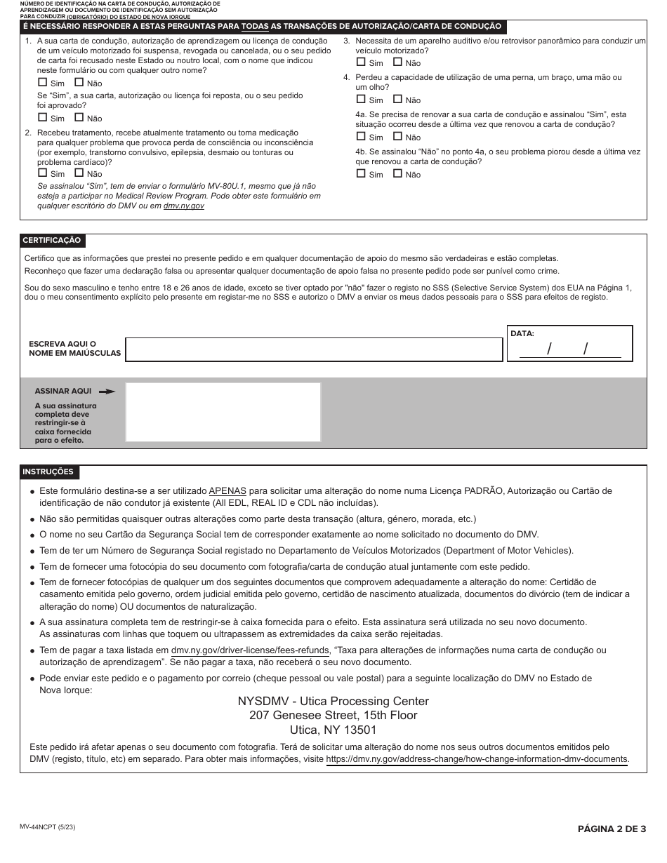 Form MV-44NCPT Application for Name Change Only on Standard Permit, Driver License or Non-driver Id Card - New York (Portuguese), Page 2