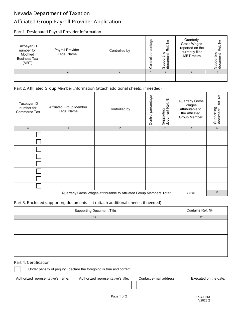 Form EXC-F013 Affiliated Group Payroll Provider Application - Nevada, Page 1