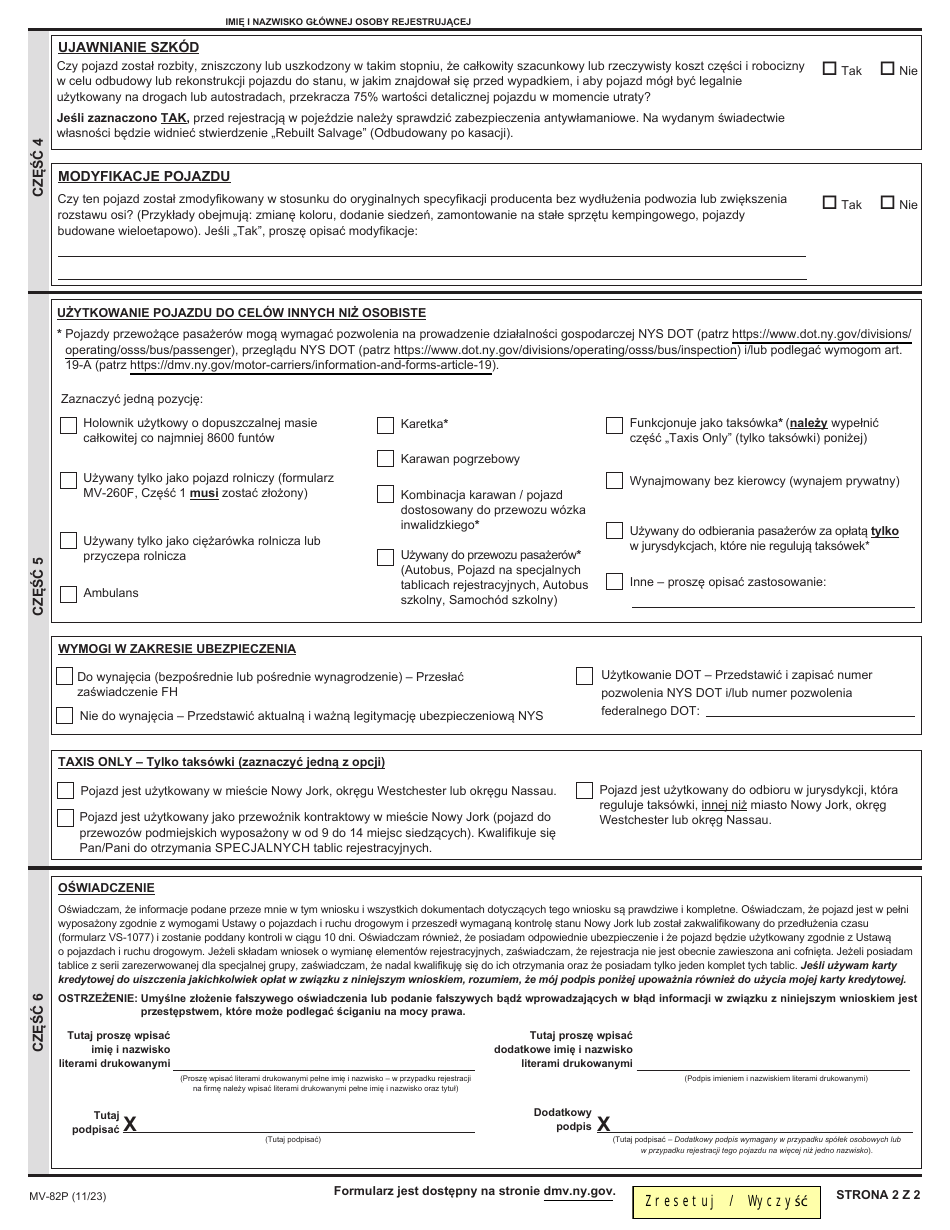 Form MV-82P Vehicle Registration / Title Application - New York (Polish), Page 2