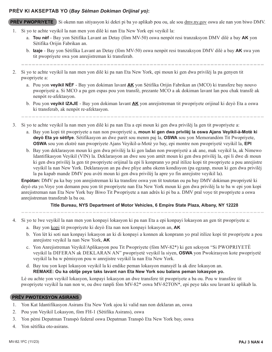 Instructions for Form MV-82FC Vehicle Registration / Title Application - New York (French Creole), Page 3
