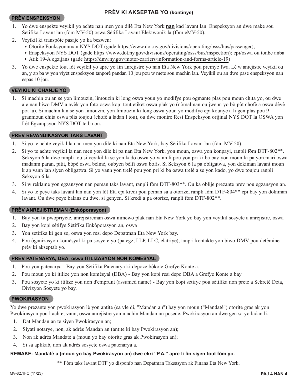 Instructions for Form MV-82FC Vehicle Registration / Title Application - New York (French Creole), Page 4