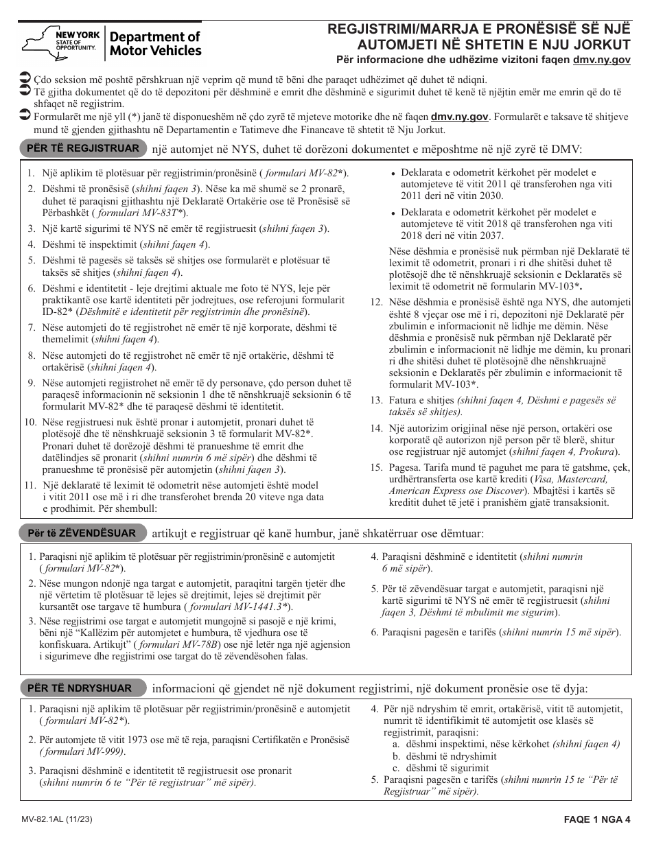 Instructions for Form MV-82AL Vehicle Registration / Title Application - New York (Albanian), Page 1