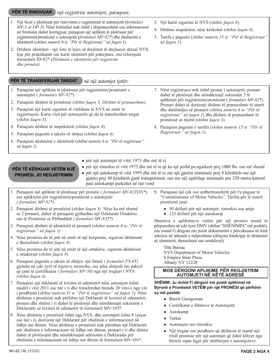 Instructions for Form MV-82AL Vehicle Registration / Title Application - New York (Albanian), Page 2