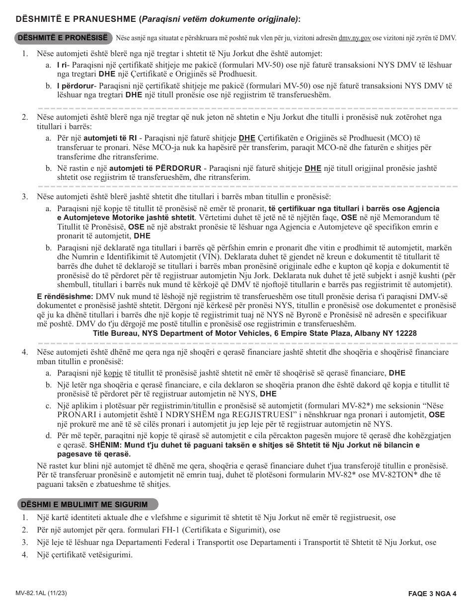 Instructions for Form MV-82AL Vehicle Registration / Title Application - New York (Albanian), Page 3