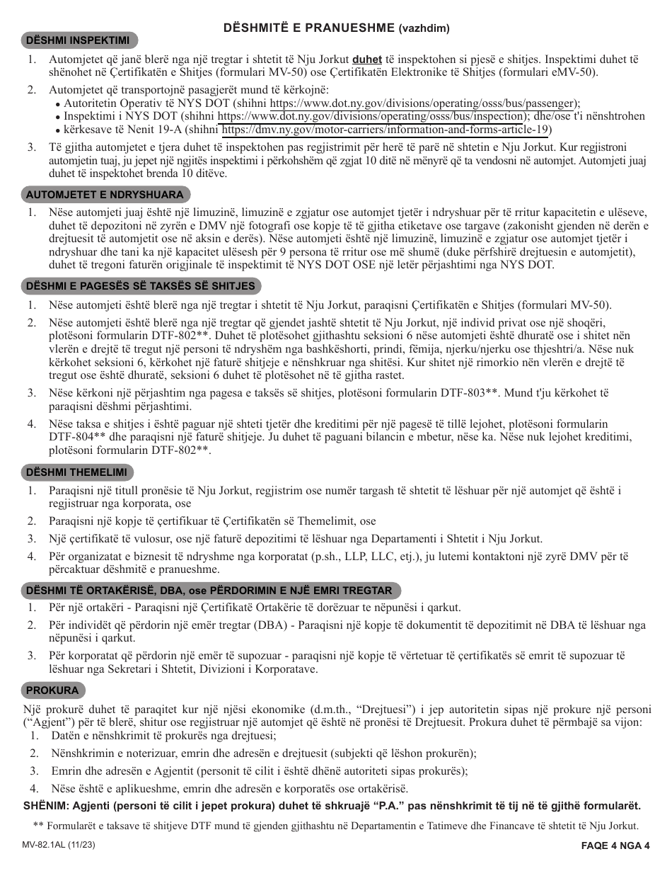Instructions for Form MV-82AL Vehicle Registration / Title Application - New York (Albanian), Page 4