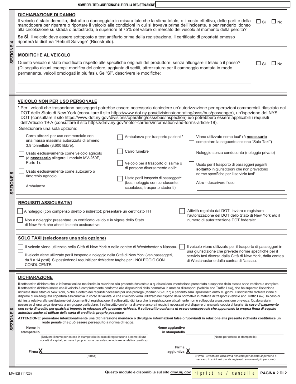 Form MV-82I Vehicle Registration / Title Application - New York (Italian), Page 2