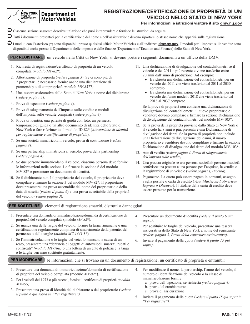 Instructions for Form MV-82I Vehicle Registration / Title Application - New York (Italian), Page 1