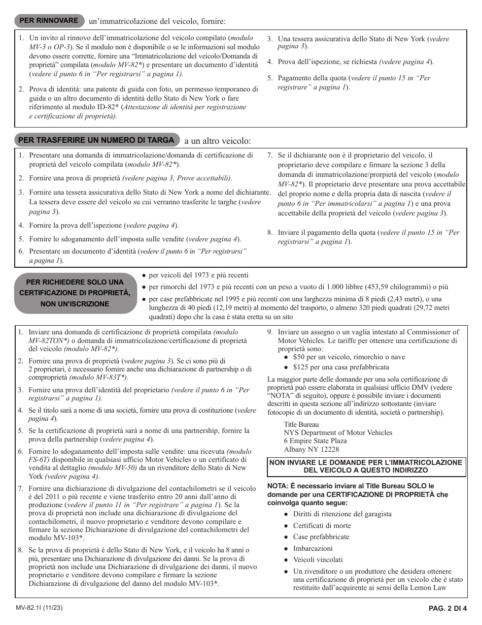 Instructions for Form MV-82I Vehicle Registration / Title Application - New York (Italian), Page 2