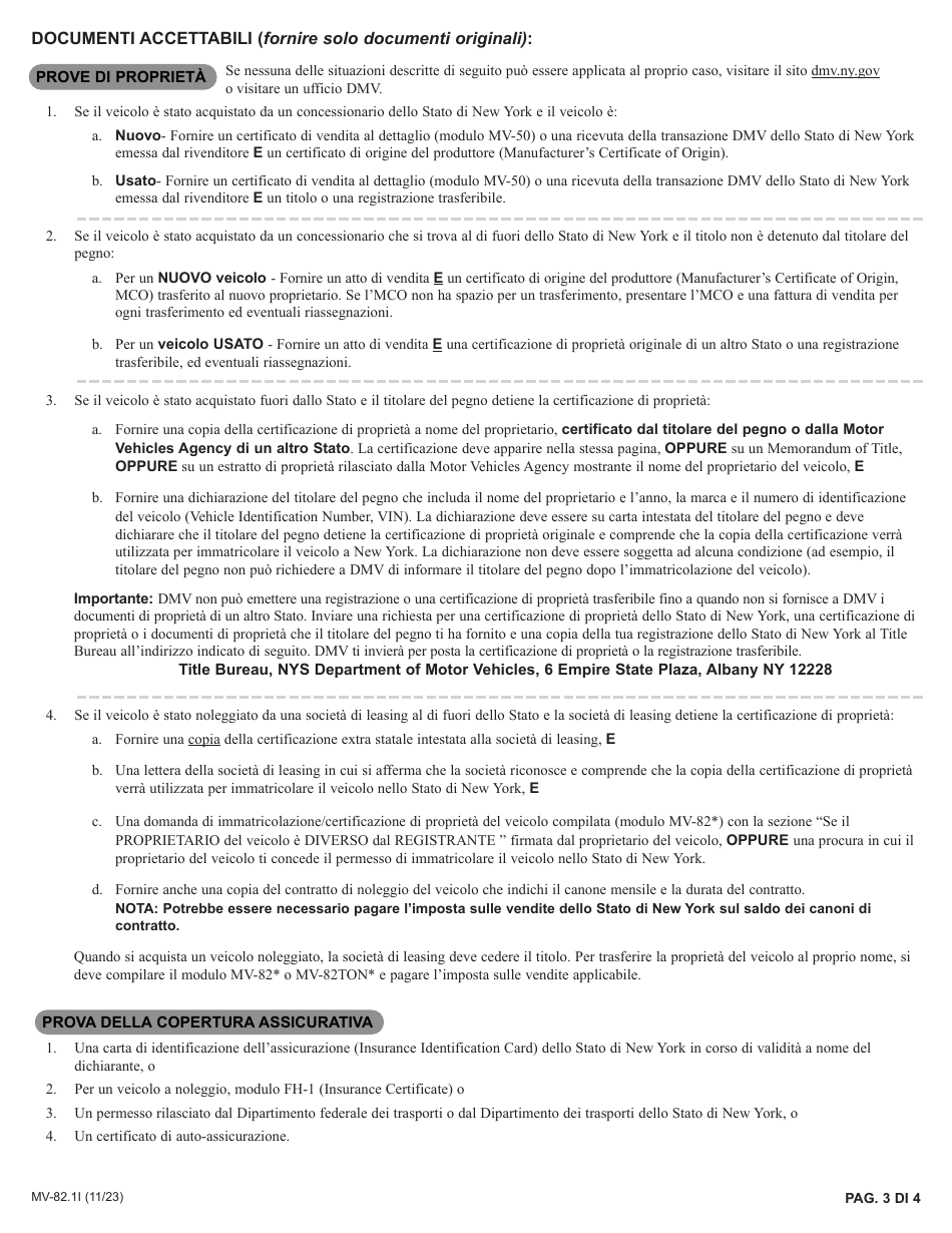 Instructions for Form MV-82I Vehicle Registration / Title Application - New York (Italian), Page 3
