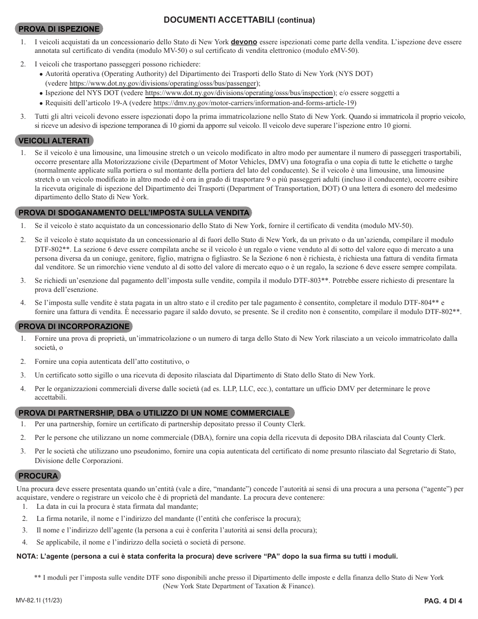 Instructions for Form MV-82I Vehicle Registration / Title Application - New York (Italian), Page 4