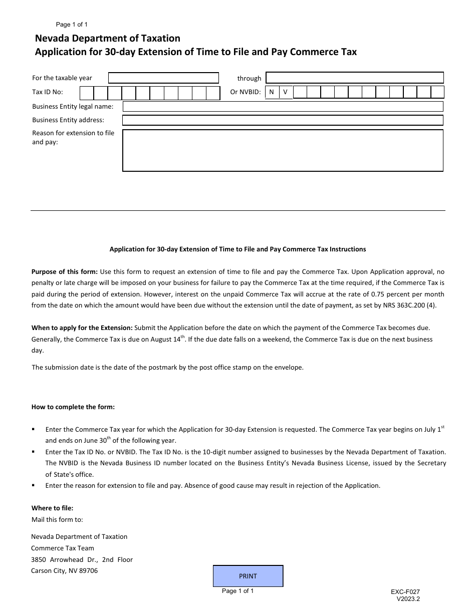 Form EXC-F027 Application for 30-day Extension of Time to File and Pay Commerce Tax - Nevada, Page 1