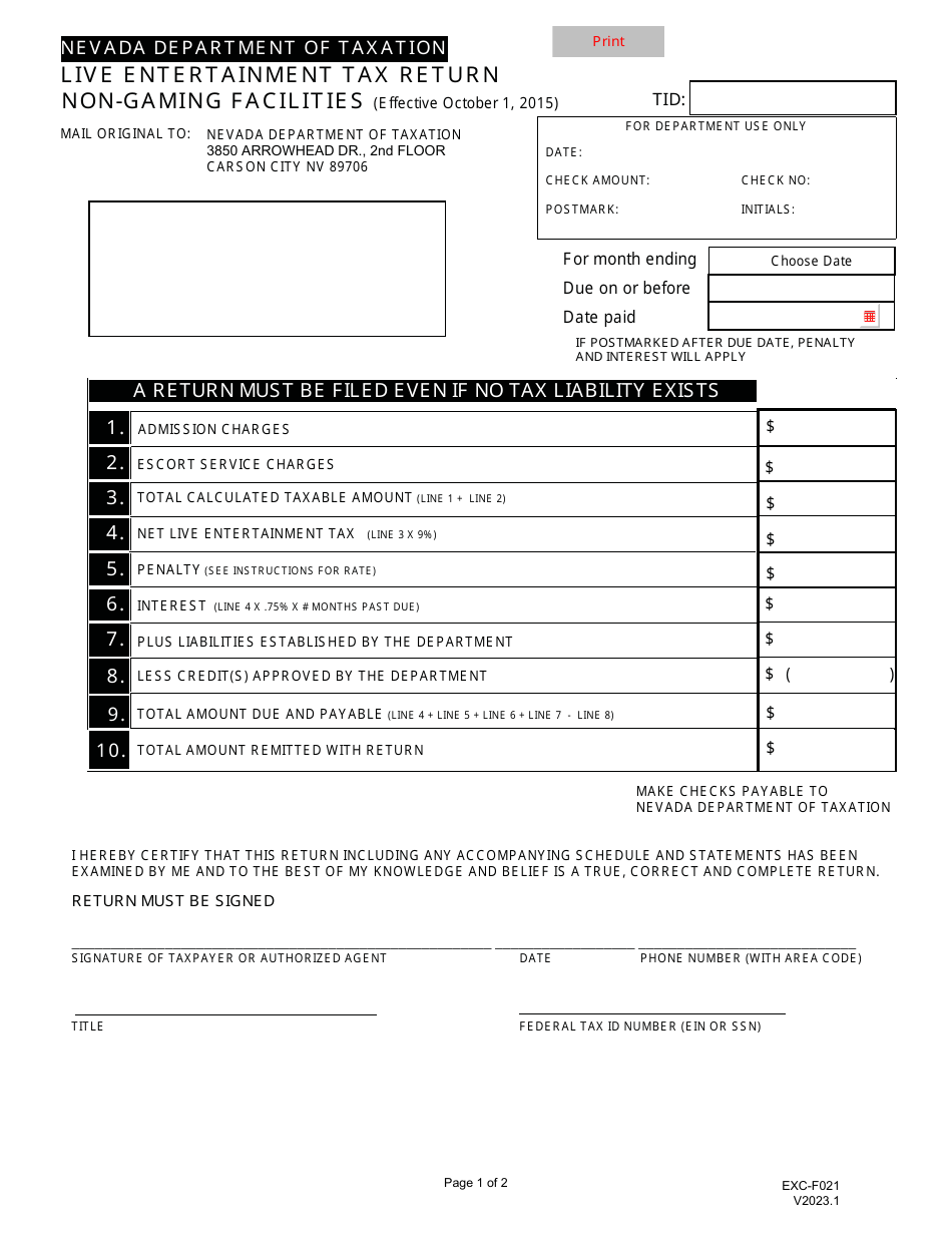 Form EXC-F021 Live Entertainment Tax Return - Non-gaming Facilities - Nevada, Page 1