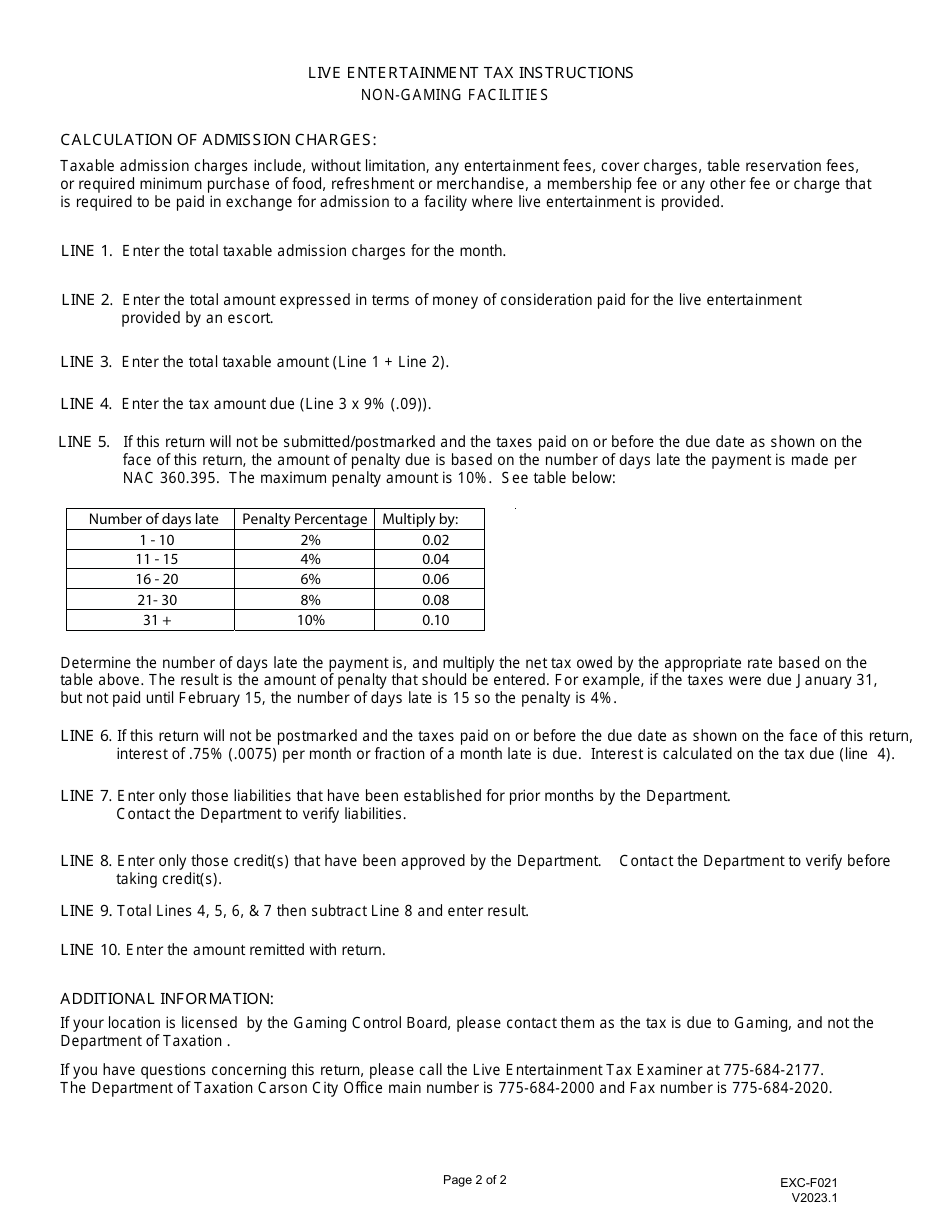 Form EXC-F021 Live Entertainment Tax Return - Non-gaming Facilities - Nevada, Page 2