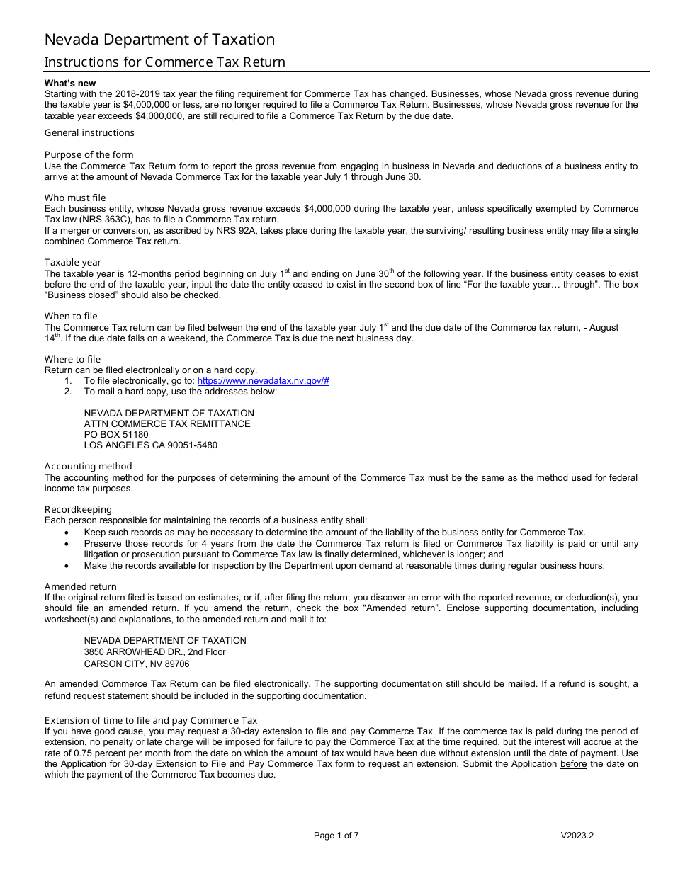 Instructions for Form EXC-F025 Nevada Commerce Tax Return - Nevada, Page 1