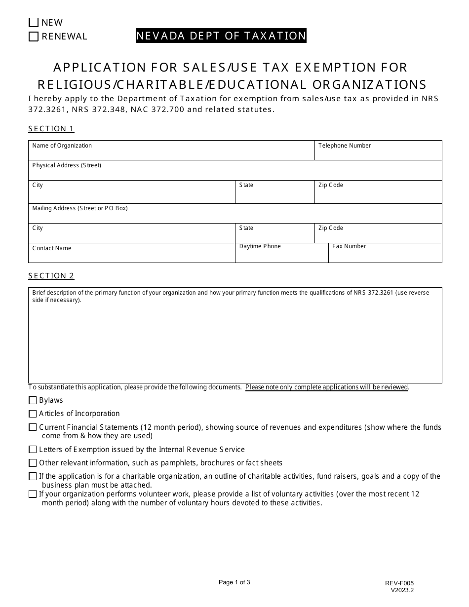 Form REV-F005 Application for Sales / Use Tax Exemption for Religious / Charitable / Educational Organizations - Nevada, Page 1