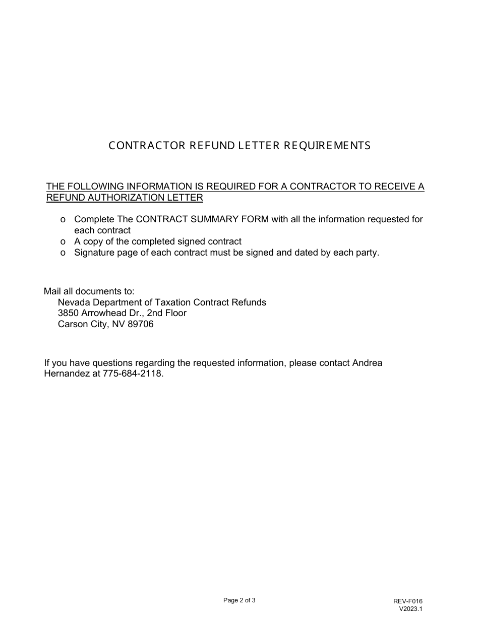 Form REV-F016 Application for Contractor Refund - Nevada, Page 2