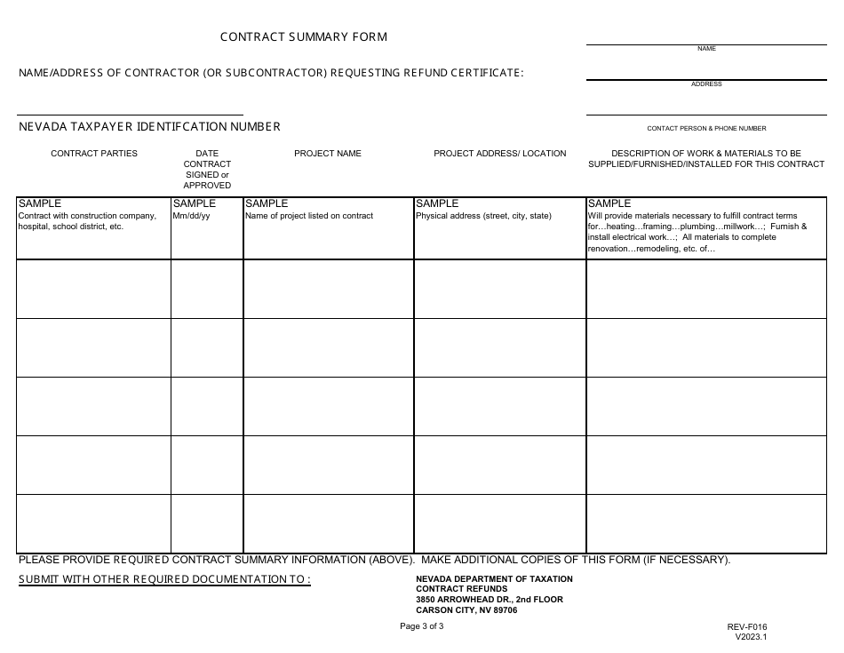 Form REV-F016 Application for Contractor Refund - Nevada, Page 3