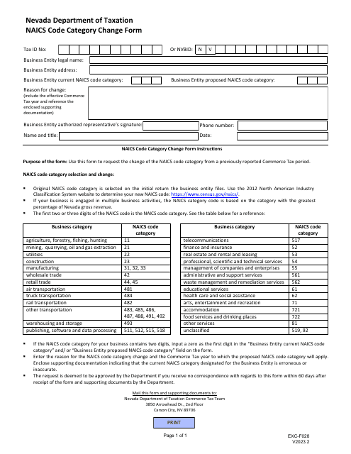 Form EXC-F028 Naics Code Category Change Form - Nevada