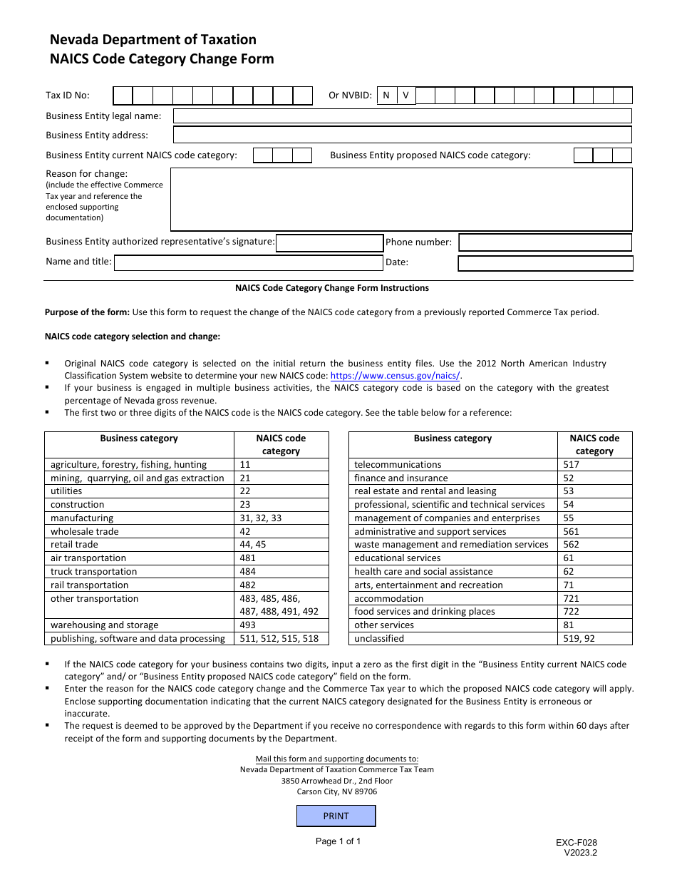 Form EXC-F028 Naics Code Category Change Form - Nevada, Page 1