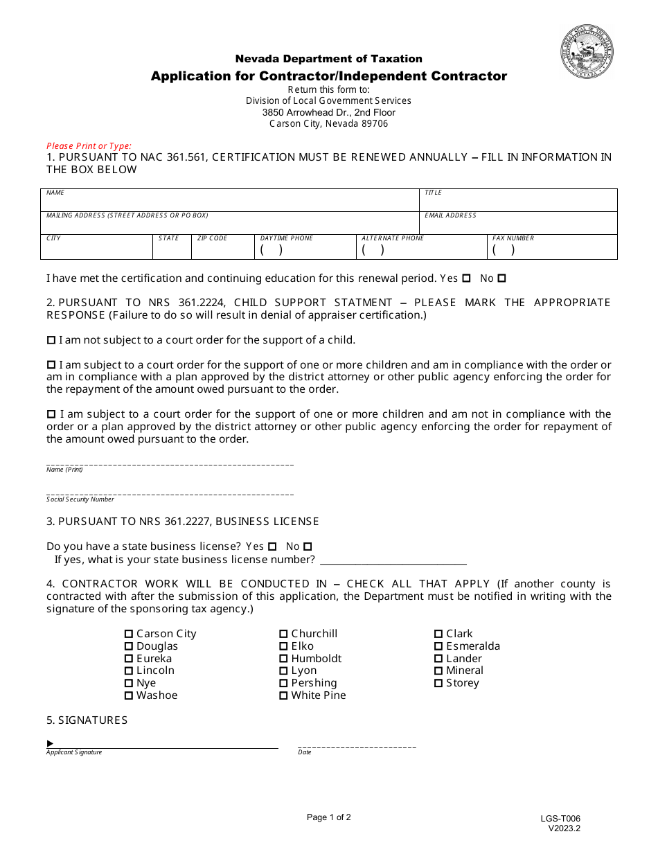 Form LGS-T006 Application for Contractor / Independent Contractor - Nevada, Page 1