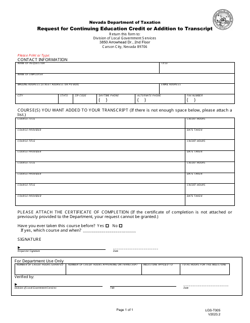 Form LGS-T005 Request for Continuing Education Credit or Addition to Transcript - Nevada