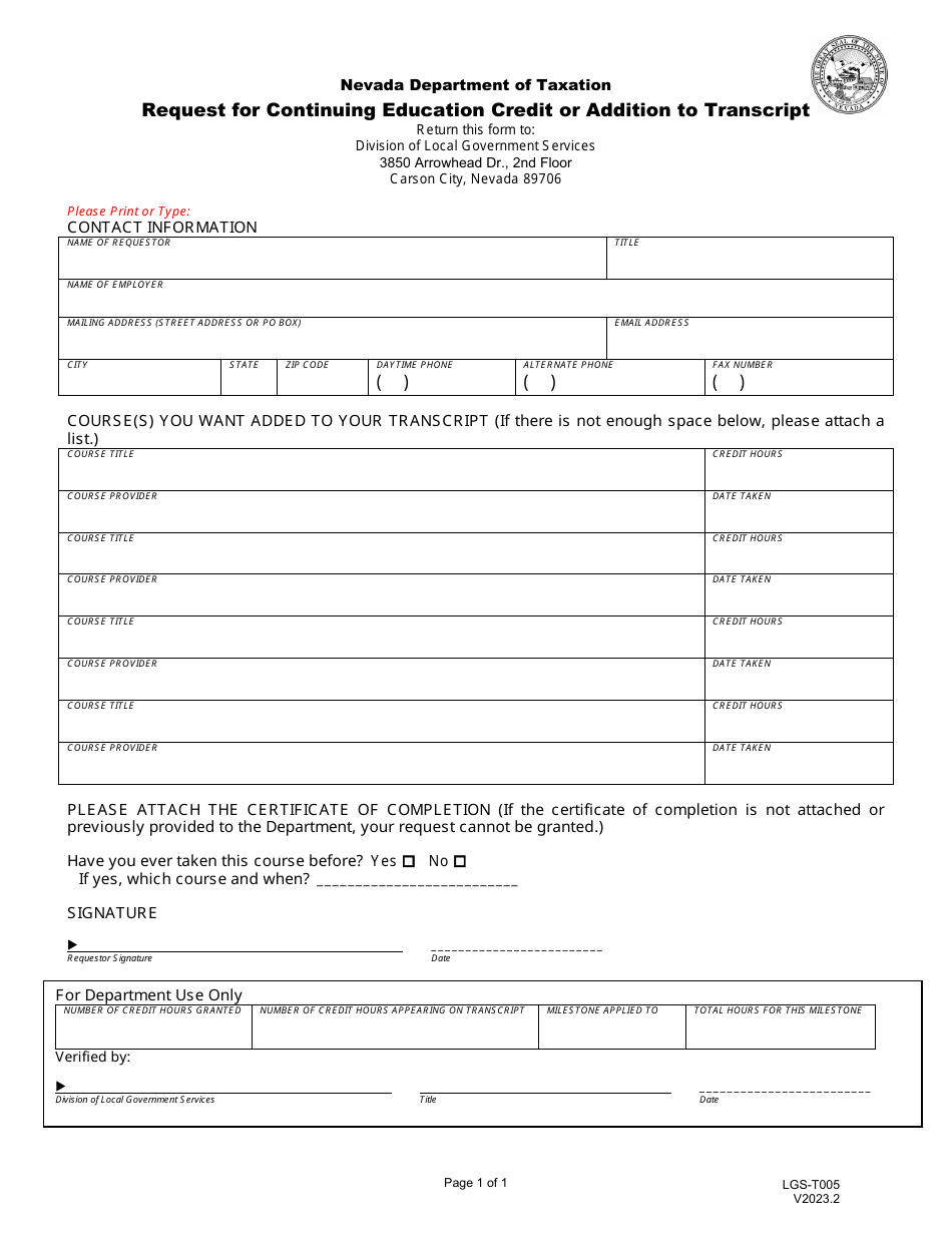 Form LGS-T005 Request for Continuing Education Credit or Addition to Transcript - Nevada, Page 1