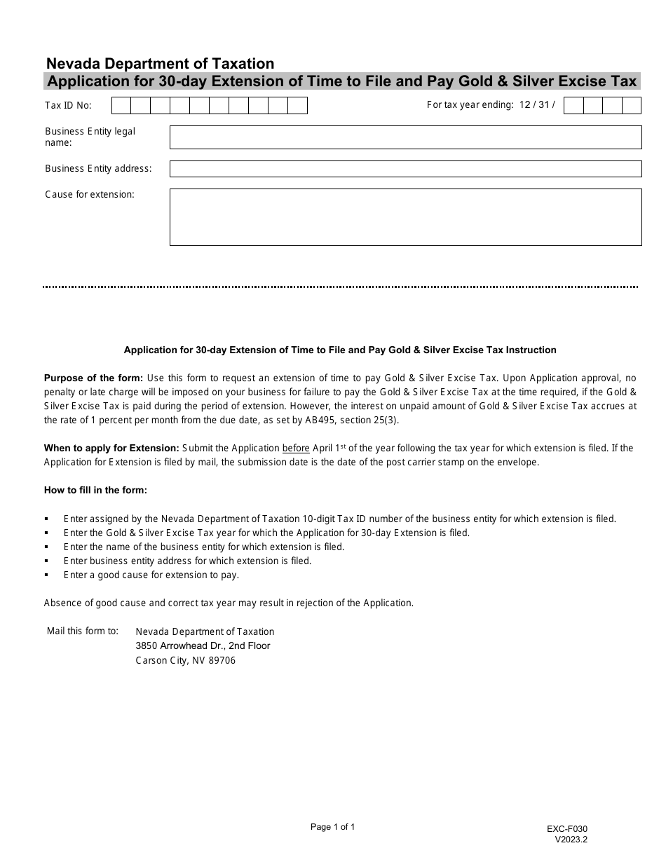 Form EXC-F030 Application for 30-day Extension of Time to File and Pay Gold  Silver Excise Tax - Nevada, Page 1