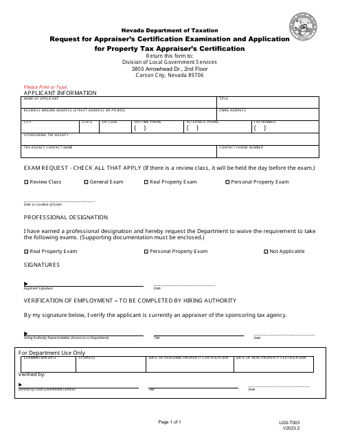 Form LGS-T003 Request for Appraiser's Certification Examination and Application for Property Tax Appraiser's Certification - Nevada
