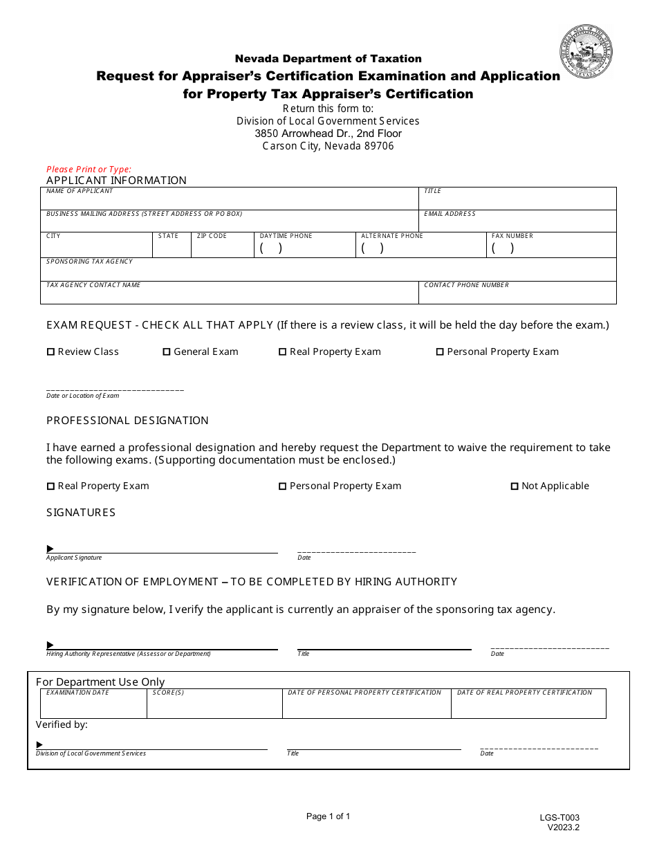Form LGS-T003 Request for Appraisers Certification Examination and Application for Property Tax Appraisers Certification - Nevada, Page 1