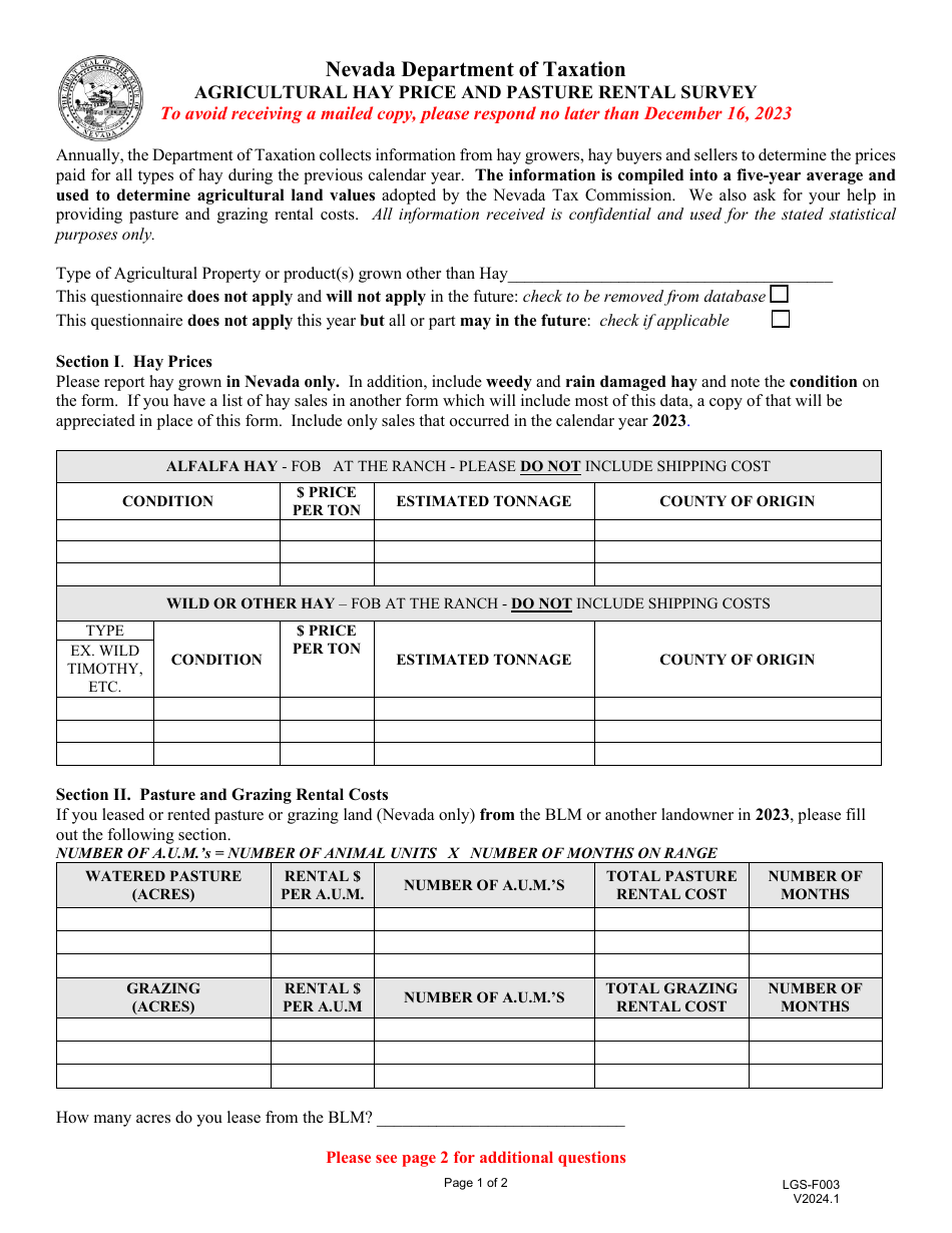 Form LGS-F003 Agricultural Hay Price and Pasture Rental Survey - Nevada, Page 1