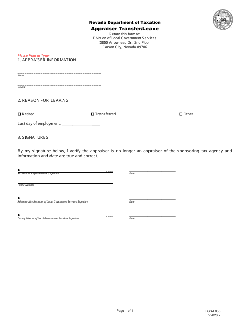 Form LGS-F035 Appraiser Transfer/Leave - Nevada