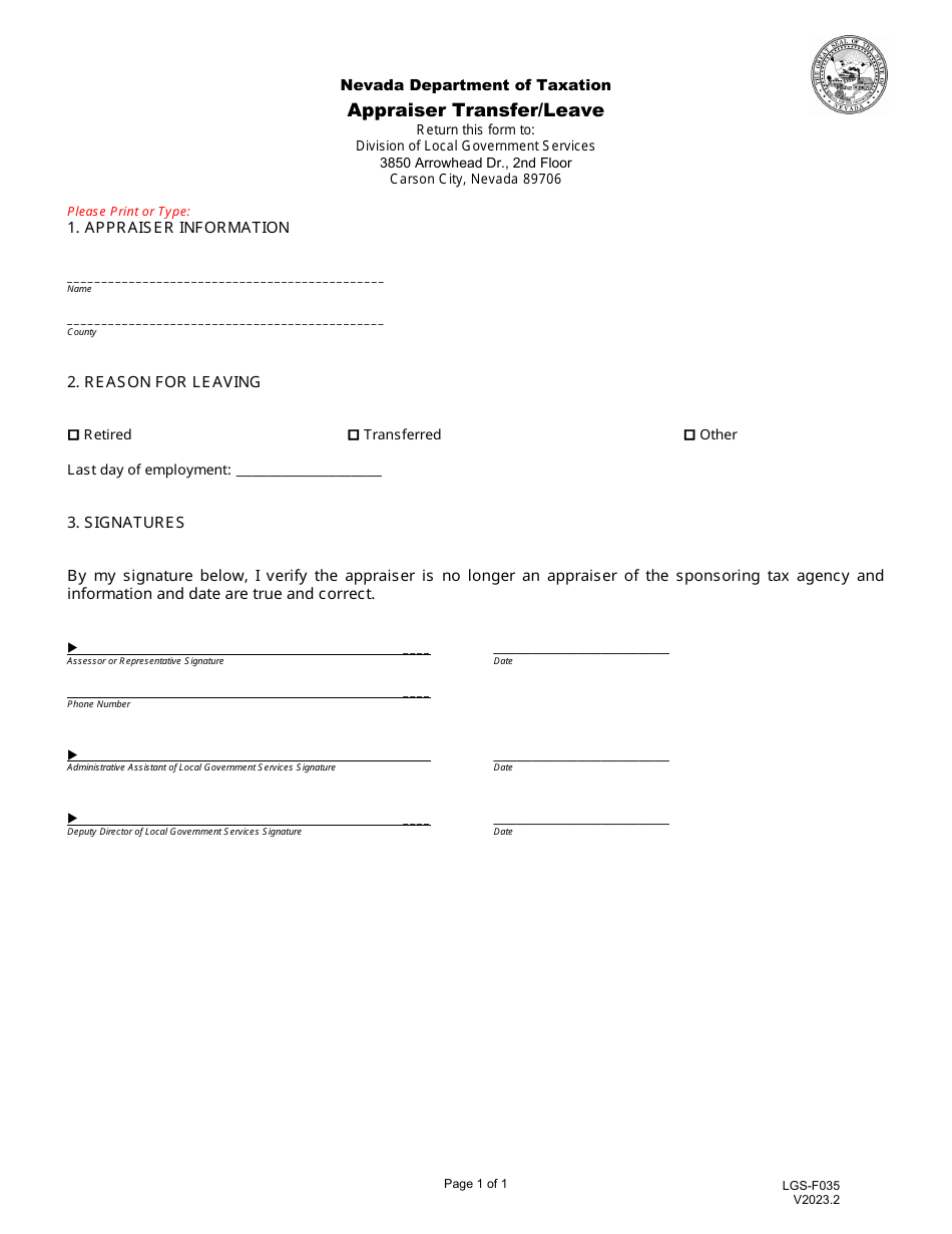 Form LGS-F035 Appraiser Transfer / Leave - Nevada, Page 1