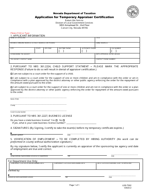 Form LGS-T002 Application for Temporary Appraiser Certification - Nevada