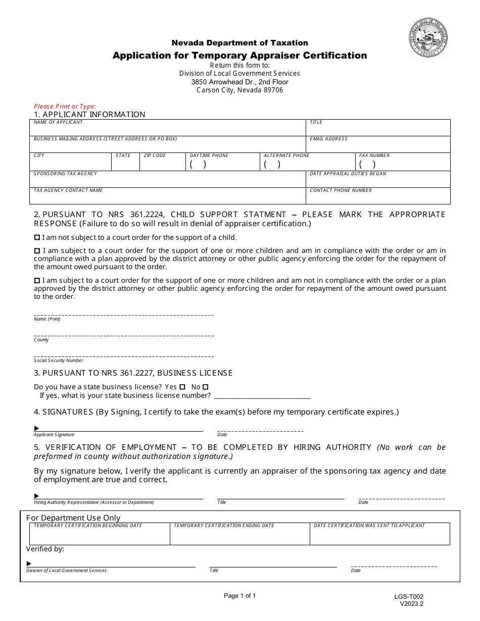 Form LGS-T002 Application for Temporary Appraiser Certification - Nevada, Page 1