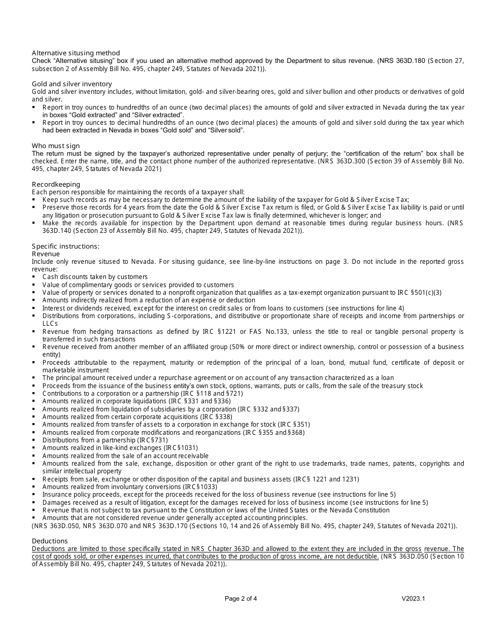 Instructions for Form EXC-F029 Gold  Silver Excise Tax Return - Nevada, Page 2