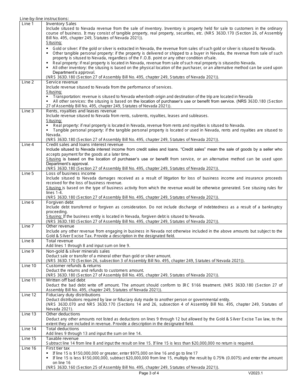 Instructions for Form EXC-F029 Gold  Silver Excise Tax Return - Nevada, Page 3