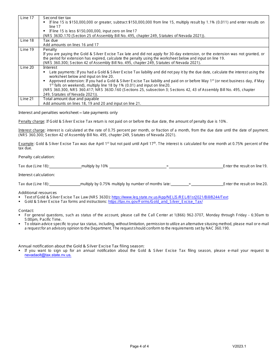 Instructions for Form EXC-F029 Gold  Silver Excise Tax Return - Nevada, Page 4